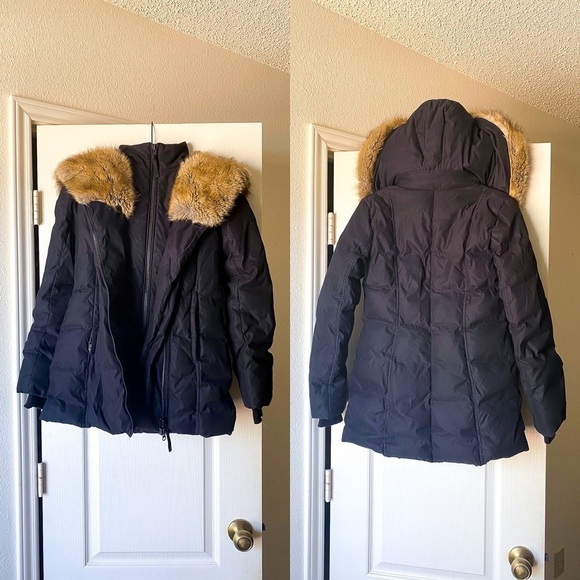 Aritzia Parka Goose Down Asymmetrical Faux Fur Hood Fall Winter Black XXS GUC - Picture 1 of 13
